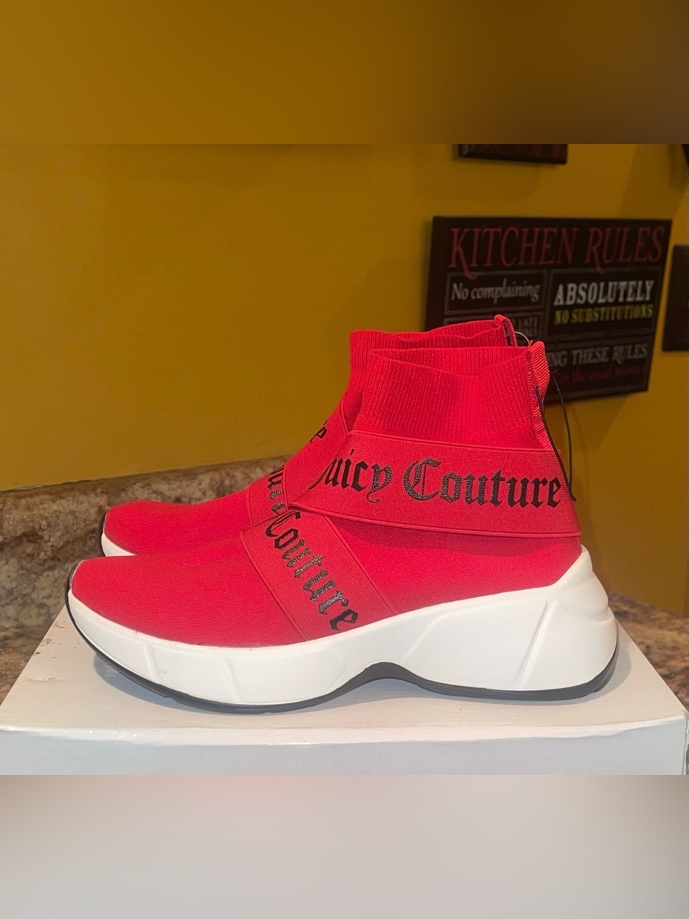 Juicy Couture Red Knit High-Top Slip-On Sneakers with White Sole - Picture 2 of 5